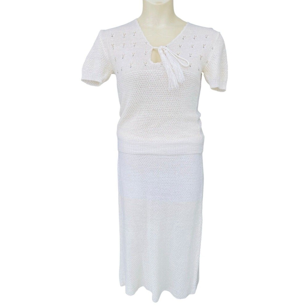 Vtg Bel D’or M 80s Cream Knit Skirt Sweater Set Rhinestones Top Taiwan Acrylic
